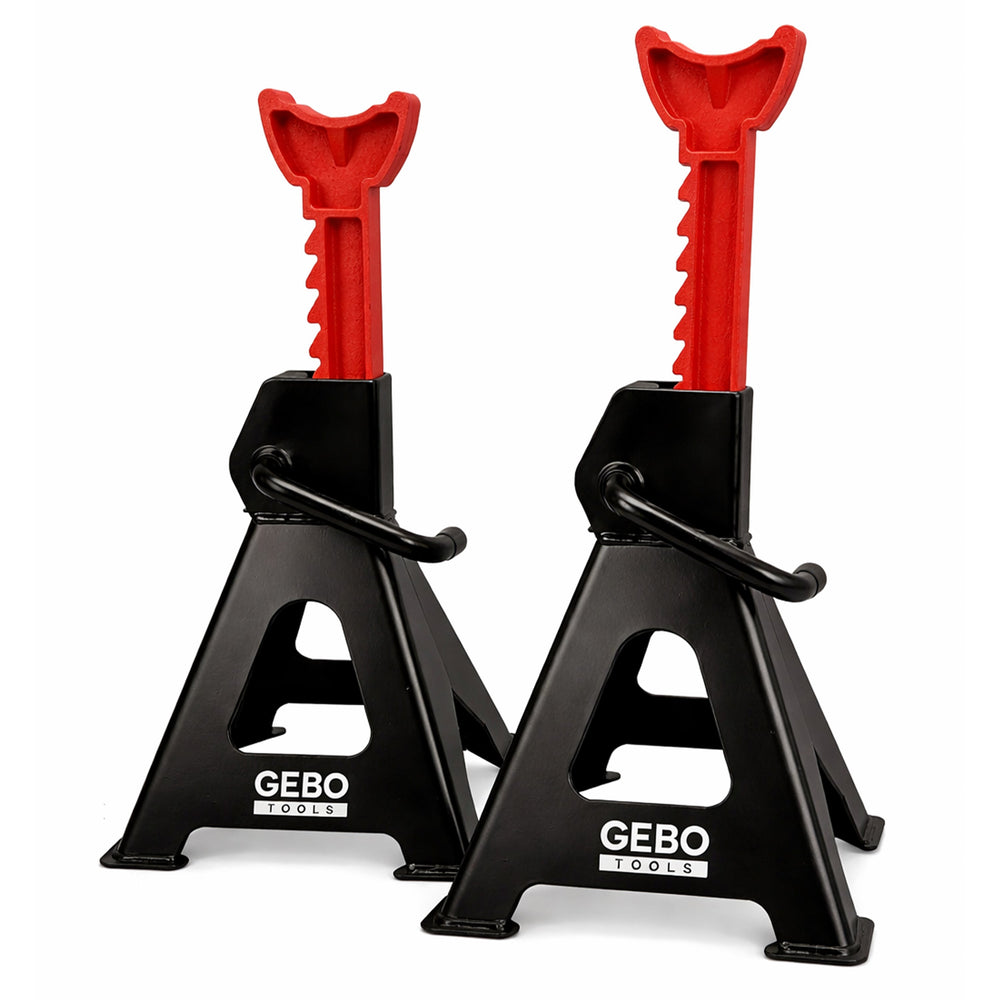 Set-kit cavalletti di sostegno per veicoli, capacità 3 tonnellate, supporto 29–43 cm, colonnette professionali Gebo Tools