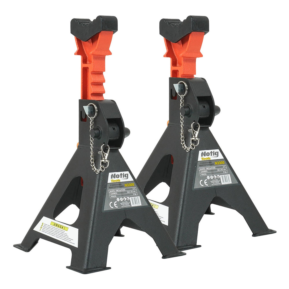 Set-kit cavalletti di sostegno per veicoli, capacità 3 tonnellate, supporto 29, 5–43 cm, colonnette professionali con doppia sicurezza e protezione in gomma