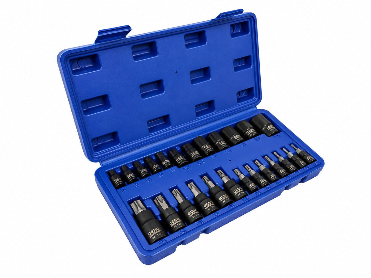 Set-kit chiavi a bussola TORX T8–T60 e profilo E E4–E20, 25 pezzi