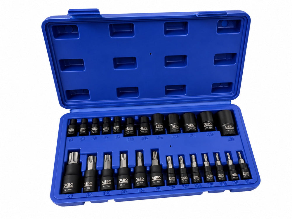 Set-kit chiavi a bussola TORX T8–T60 e profilo E E4–E20, 25 pezzi