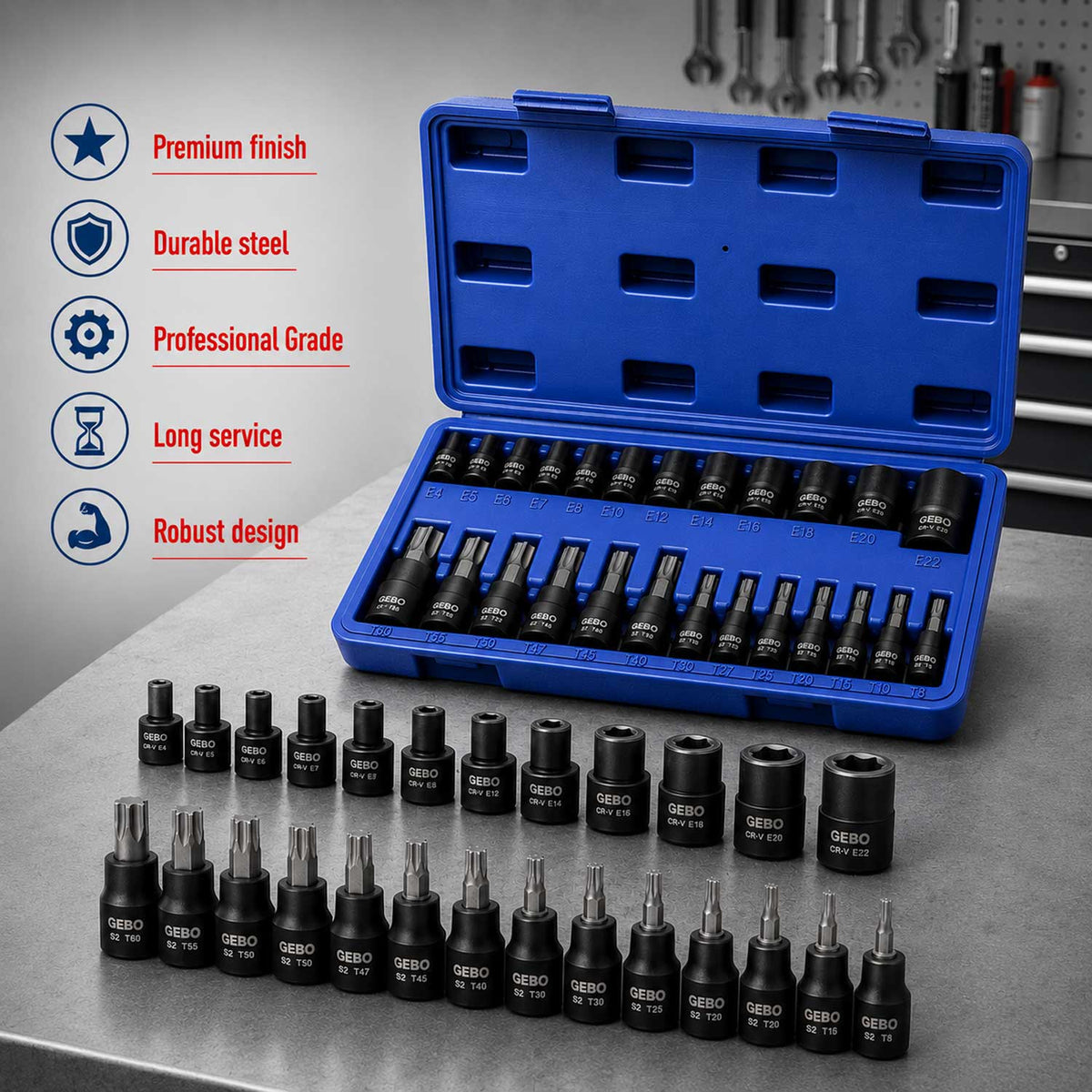 Set-kit chiavi a bussola TORX T8–T60 e profilo E E4–E20, 25 pezzi