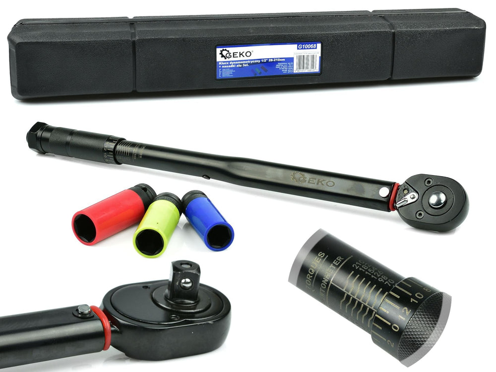 Set-kit chiave dinamometrica 1/2", 28-210 Nm, con bussole a impatto con rivestimento protettivo 17 mm, 19 mm, 21 mm, a scatto, per cerchi in lega