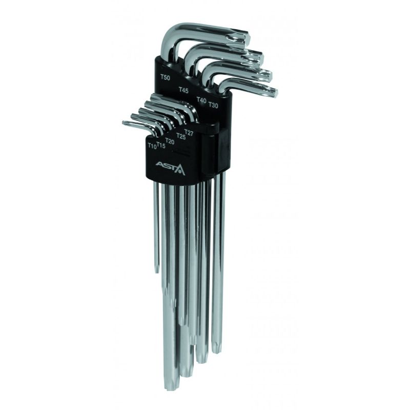 Set-kit chiavi a brugola Torx, T10-T50, forma L, serie ad angolo lunghe,con foro 9 pezzi Asta Poland