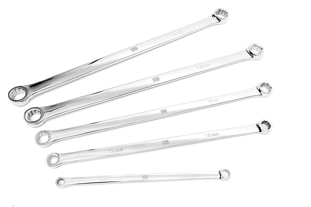 Set chiavi a doppio anello a cricchetto,professioinali,extra lunghe  8-19 mm, in acciaio Cr-V, 5 pezzi Hbm