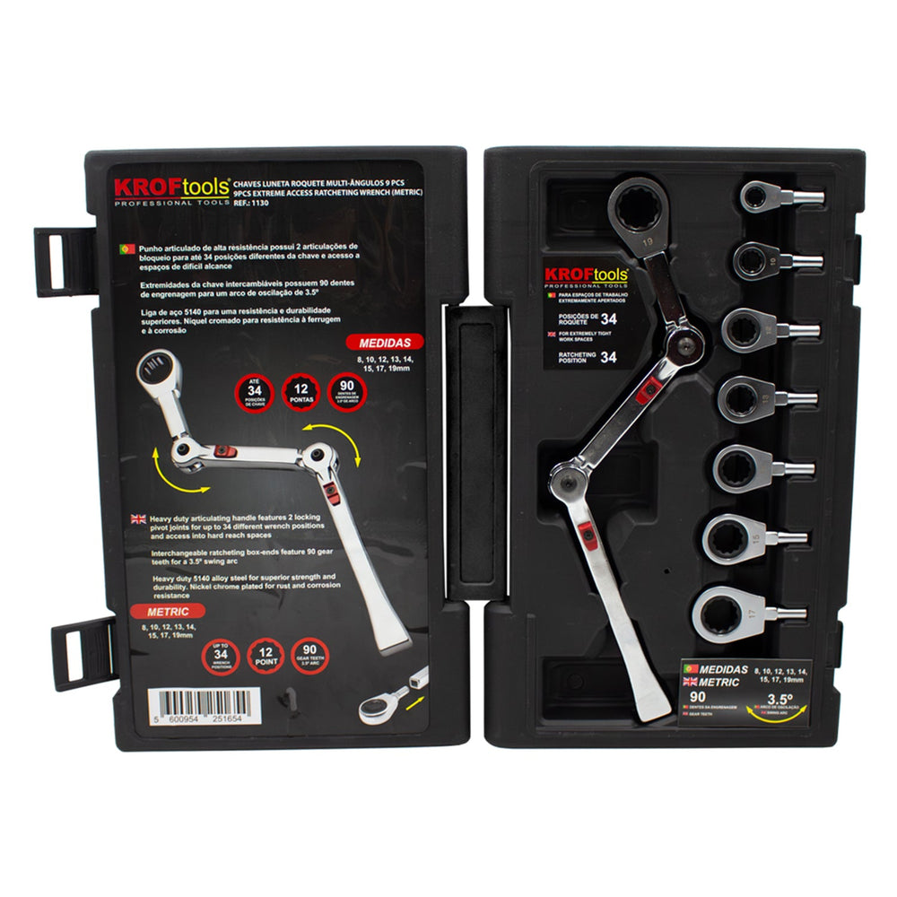 Set chiavi ad anello a cricchetto snodata con testine di ricambio, 9 pezzi Exo-Fit