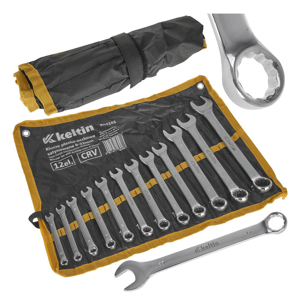 Set-kit chiavi combinate, inglesi, professionali, anello e forchetta in acciaio Cr-V, 6-22 mm, 12 pezzi, Keltin