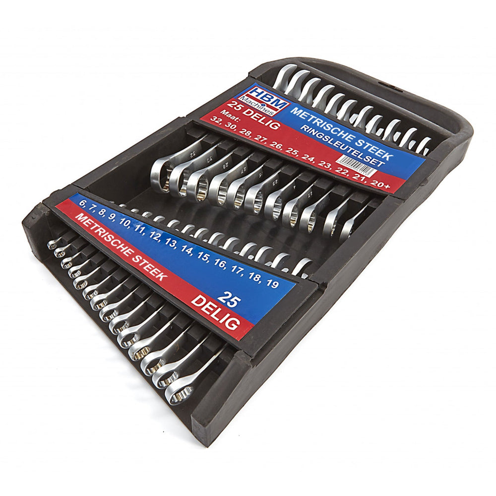 Set-kit chiavi combinate, inglesi, professionali, anello e forchetta in acciaio Cr-V, 6–32 mm, 25 pezzi, Hbm