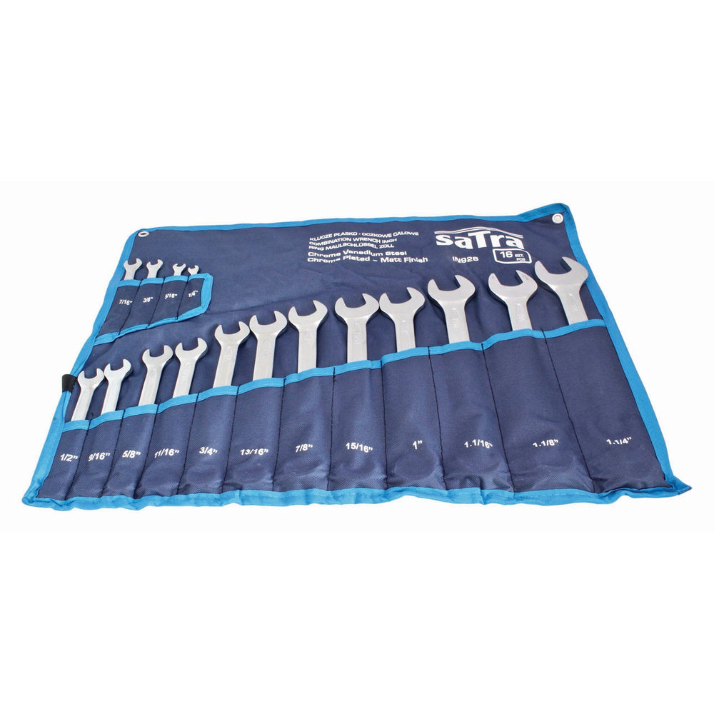 Set-kit chiavi combinate, inglesi, professionali, anello e forchetta in acciaio Cr-V, vari dimensioni in inch/pollici, 16 pezzi
