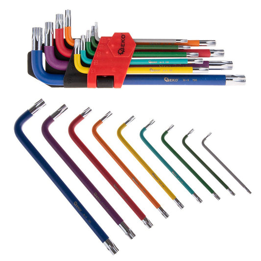 Set-kit chiavi Torx lunghe ad L, T10-T50 acciaio Cr-V, colorate, extra in pratico supporto, 9 pezzi Geko
