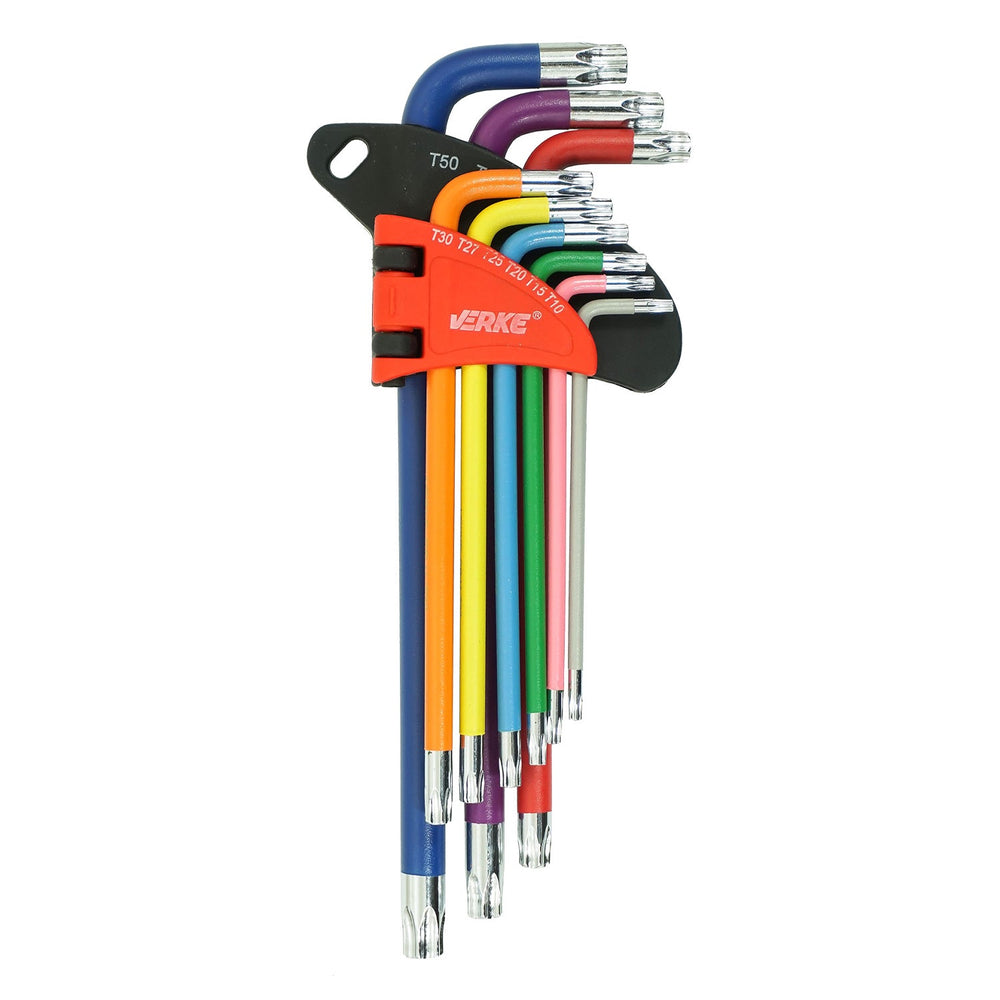 Set-kit chiavi Torx lunghe ad L, T10 - T50, acciaio Cr-V, colorate, 9 pezzi Verke