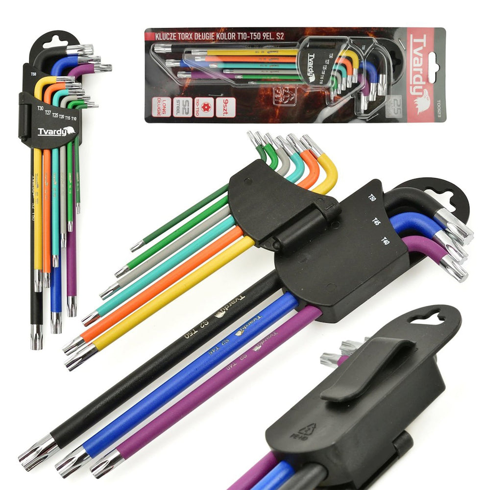 Set-kit chiavi Torx lunghe ad L, T10 - T50, acciaio S2, colorate, extra in pratico supporto, 9 pezzi Tvardy