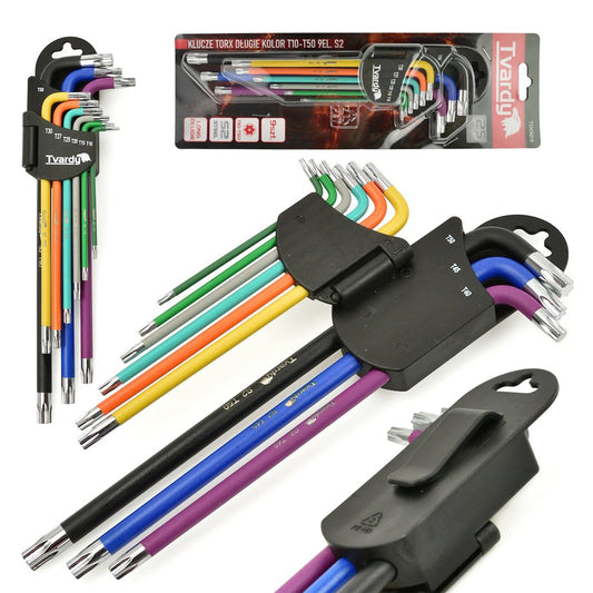 Set chiavi Torx lunghe ad L , T10 - T50,acciaio S2, colorate, kit 9 chiavi Torx extra lunghe in pratico supporto, Tvardy