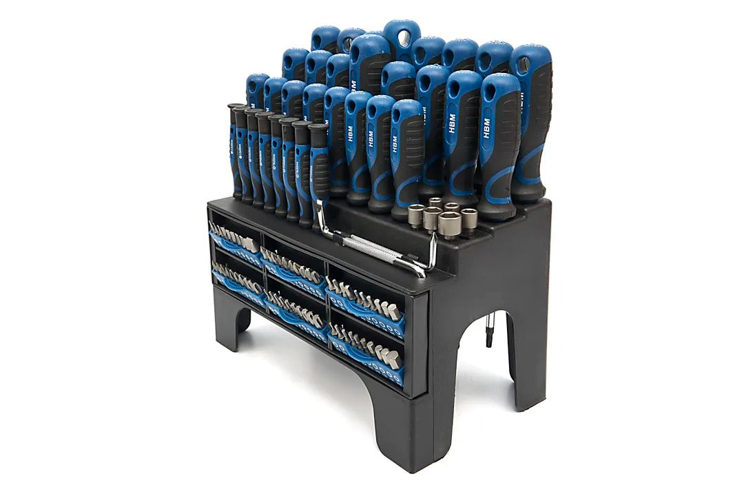 Set-kit da 100 pezzi: cacciaviti, inserti, chiavi a bussola, supporto a rack, acciaio Cr-V, impugnatura Soft Grip Hbm Olanda