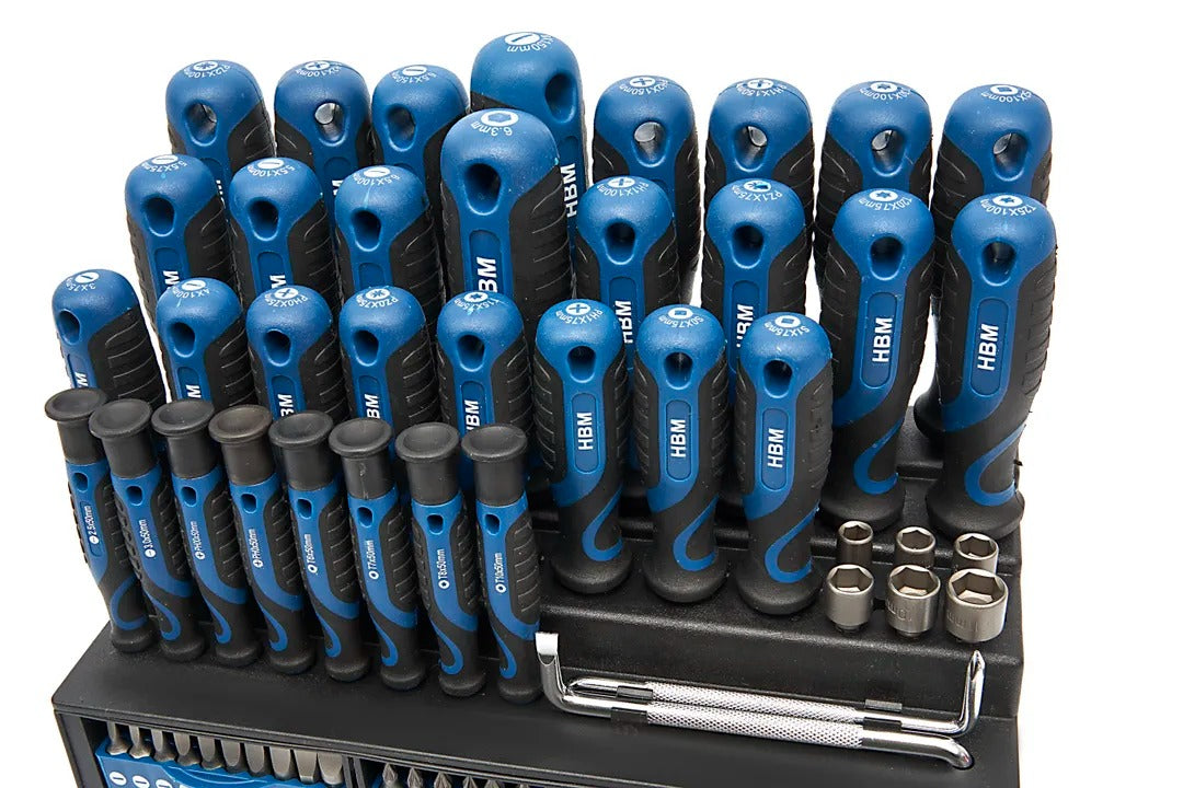 Set-kit da 100 pezzi: cacciaviti, inserti, chiavi a bussola, supporto a rack, acciaio Cr-V, impugnatura Soft Grip Hbm Olanda