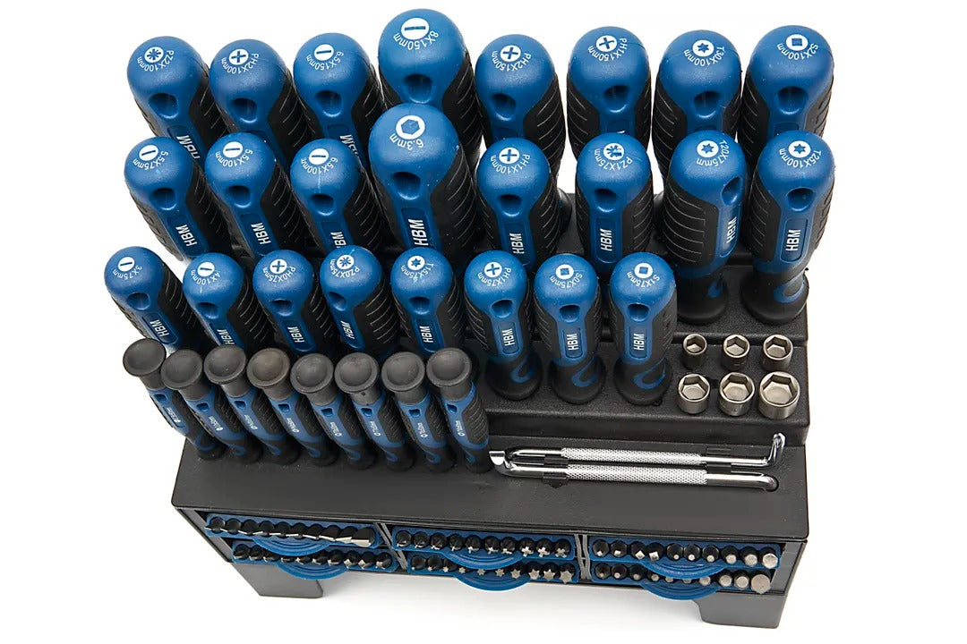 Set-kit da 100 pezzi: cacciaviti, inserti, chiavi a bussola, supporto a rack, acciaio Cr-V, impugnatura Soft Grip Hbm Olanda
