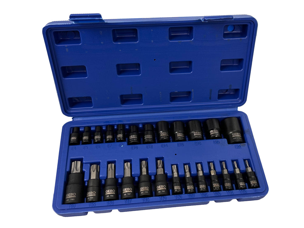 Set di 25 chiavi a bussola Torx E4-E20 T8-T60, inserti per chiave a bussole con punta, cassetta attrezzi, Gebo Tools