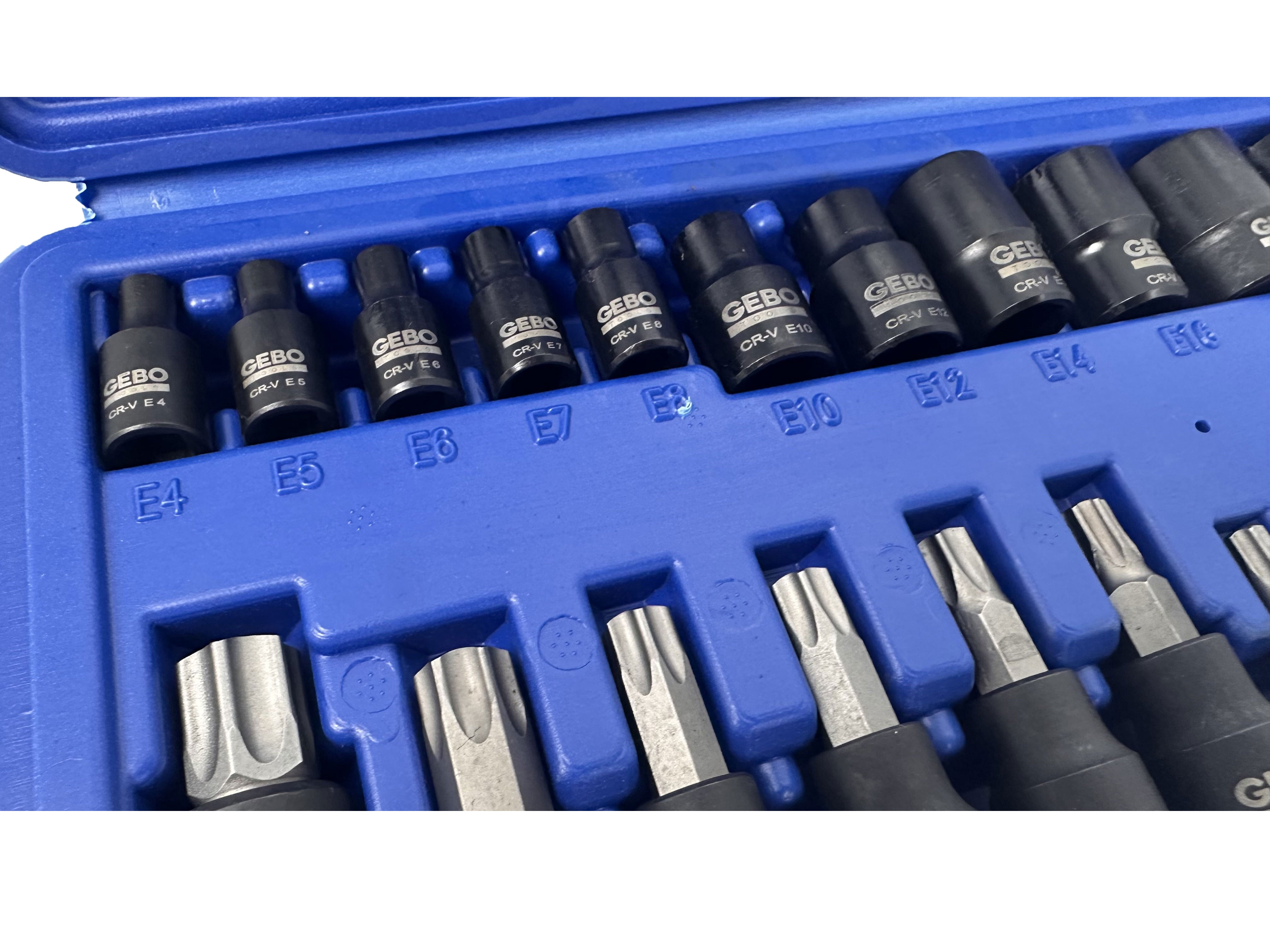 Set di 25 chiavi a bussola Torx E4-E20 T8-T60, inserti per chiave a bussole con punta, cassetta attrezzi, Gebo Tools
