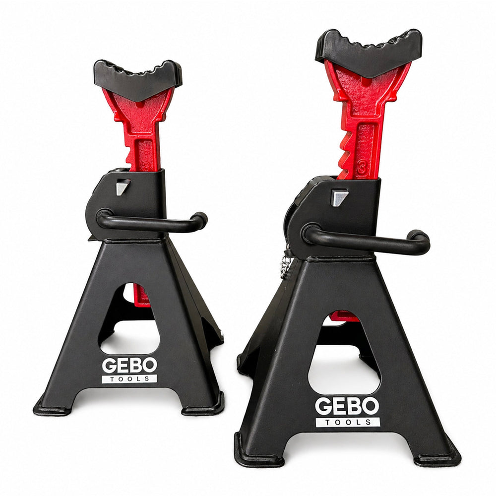 Set-kit 2 cavalletti auto, per carrozzeria, capacità 3 t, altezza regolabile, supporti per assale con leva di sicurezza, da sostegno per officina, fai da te, domestico, garage, moto, 9.5-43 cm Gebo Tools