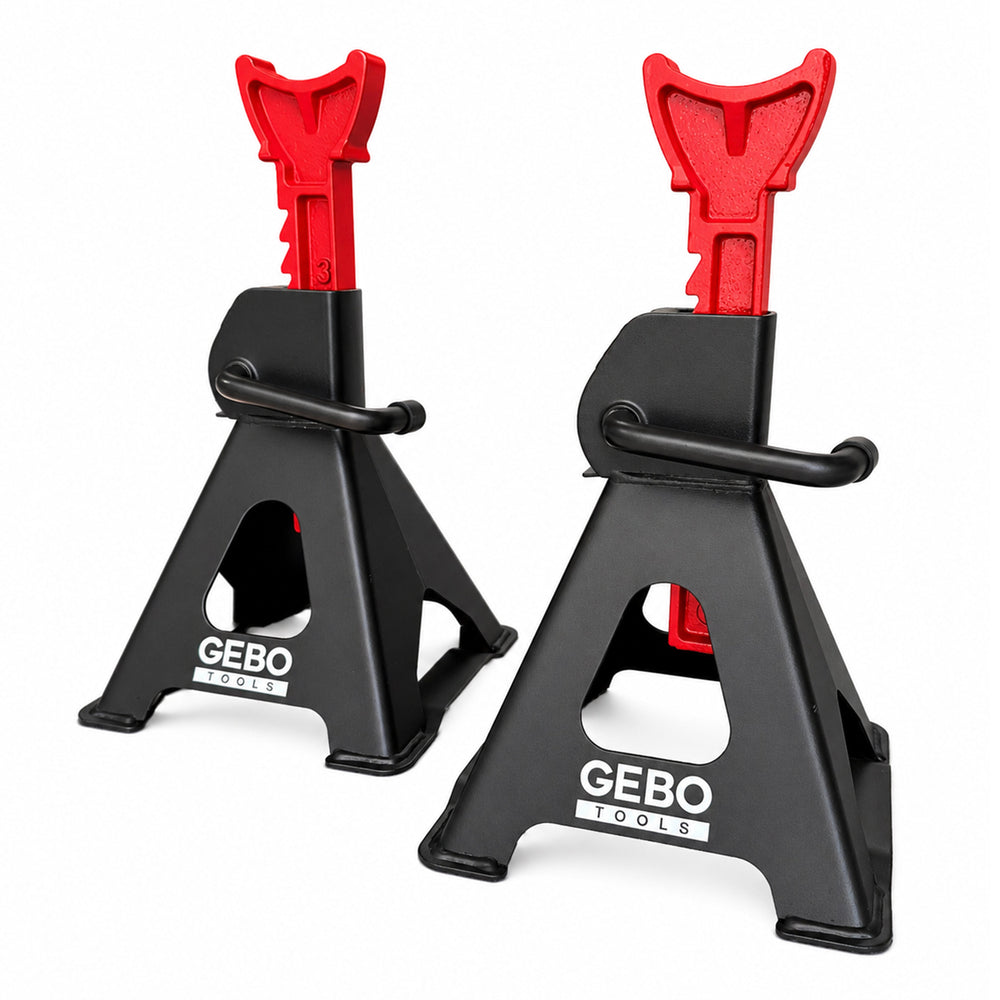 Set-kit 2 cavalletti auto, per carrozzeria, capacità 3 t, altezza regolabile, supporti per assale con leva di sicurezza, da sostegno per officina, fai da te, domestico, garage, moto, Gebo Tools