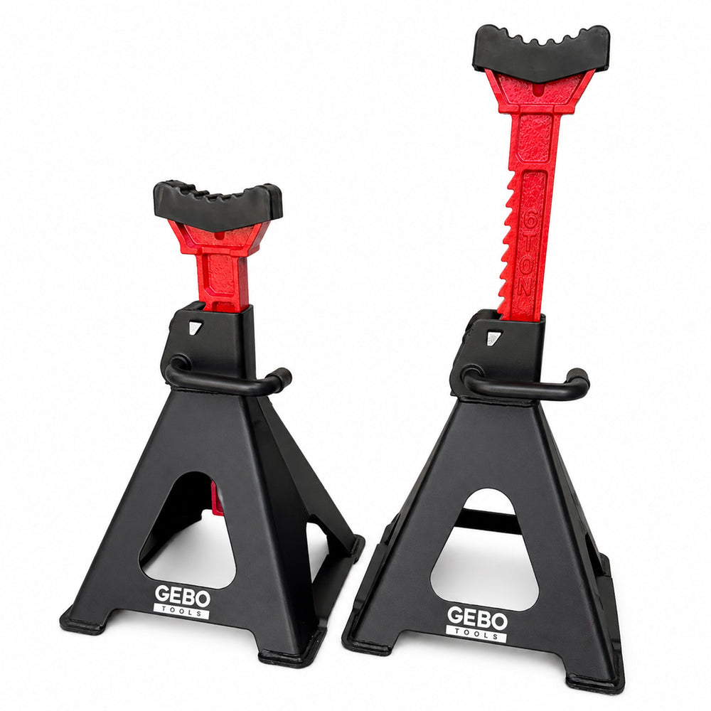 Set-kit 2 cavalletti auto, per carrozzeria, capacità 6 t, altezza regolabile, supporti per assale con leva di sicurezza, da sostegno per officina, fai da te, domestico, garage, moto, 39-60 cm Gebo Tools
