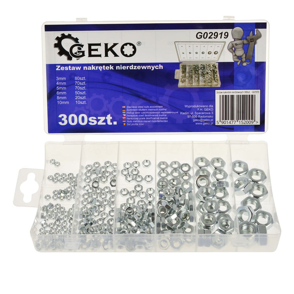 Set di 300 dadi esagonali M3, M4, M5, M6, M8, M10, in acciaio inox, con scatola, kit di assortimento per macchinari industriali, Geko