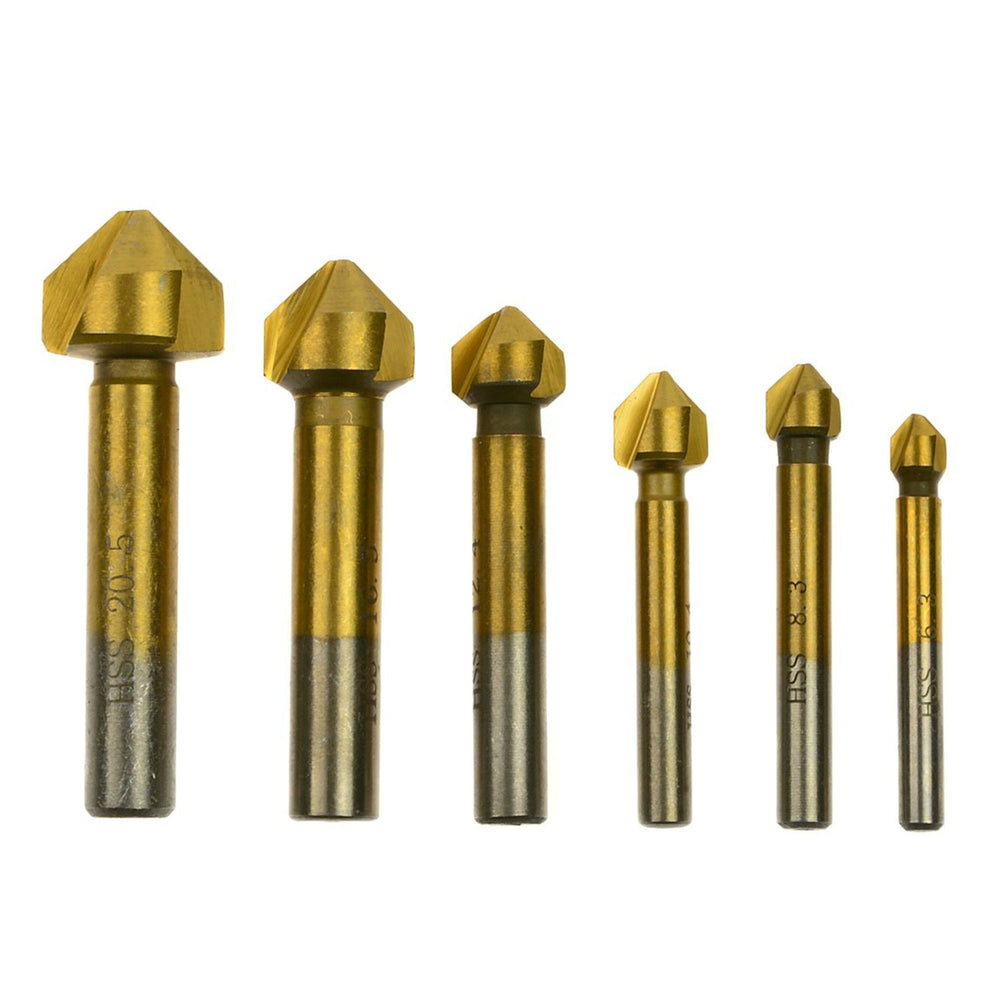 Set-kit 6 svasatori conici in HSS-Tin per metallo, frese, attacco esagonale diametro 6, 3–20, 5 mm