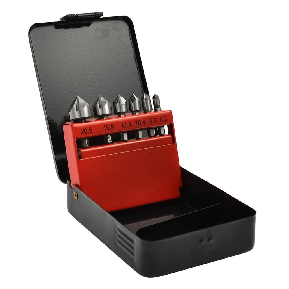 Set-kit 6 svasatori conici in HSS per metallo,attacco esagonale, fresa conica trapano per smussatura, diametro 6.3-20.5 mm, Geko