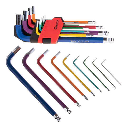 Set-kit 9 chiavi a brugola/ a stelo lungo,con supporto, a colori,Geko