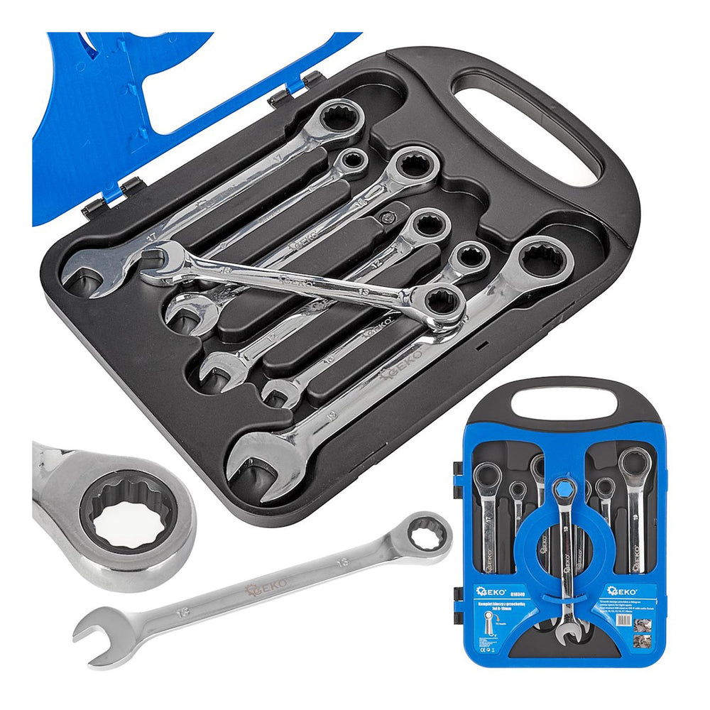Set-kit chiavi a cricchetto combinate, anello e forchetta, 8–19 mm, 7 pezzi, Geko