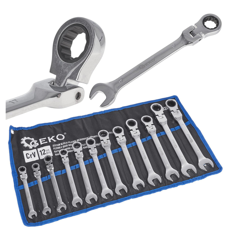 Set-kit di chiavi a cricchetto snodate 8 – 19 mm, combinate,con snodo 12 pezzi