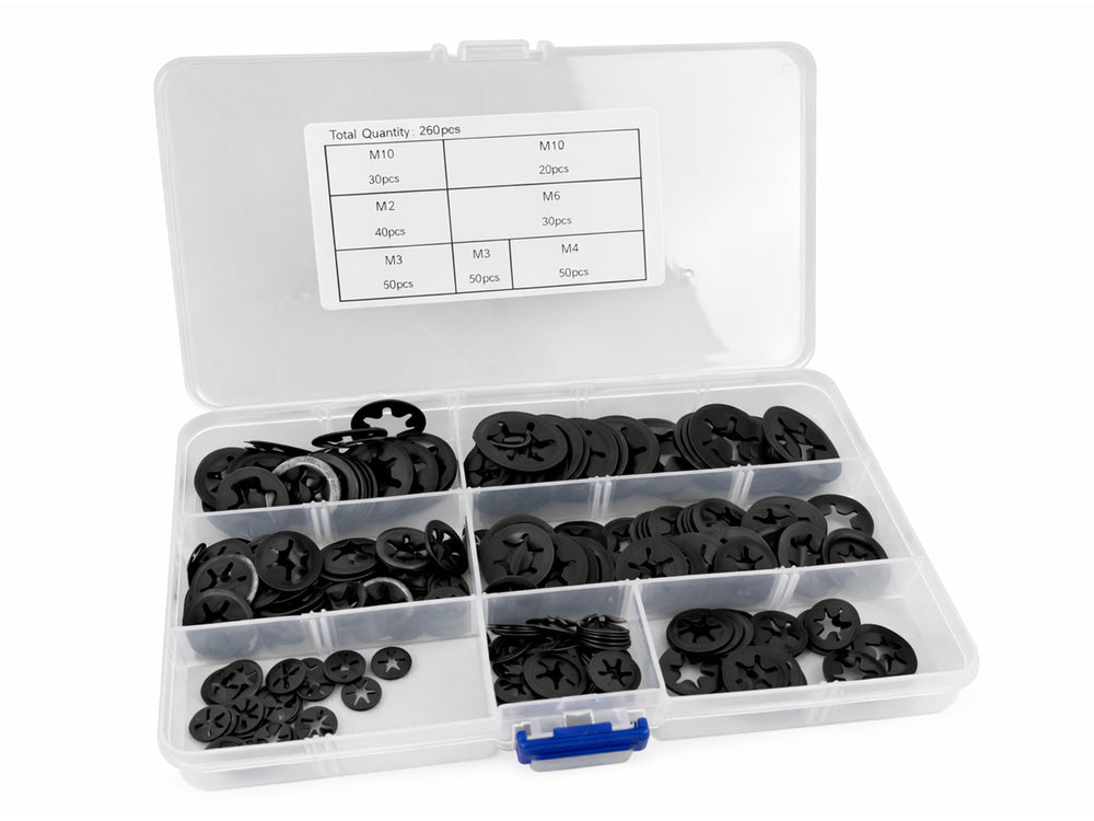 Set-kit assortito rondelle di bloccaggio, serraggio, anelli di sicurezza con fermo rapido, M3-M12 260 pezzi  Gebo Tools
