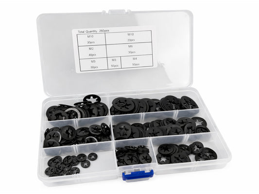 Set di rondelle di bloccaggio, rondelle di serraggio con denti interni, anelli di sicurezza con fermo rapido, M3-M12 260 pezzi Gebo Tools