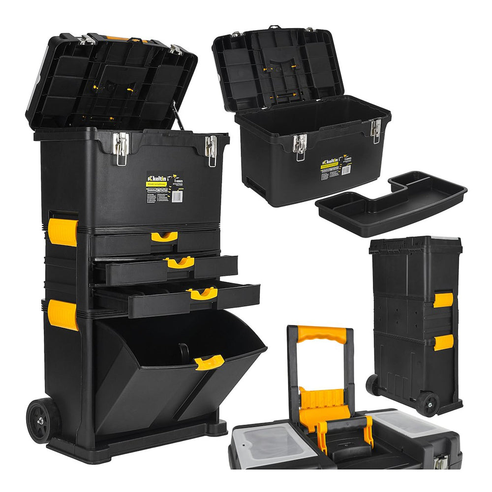 Set-kit  3 cassette degli attrezzi su ruote, pratico e spazioso, resistente ai danni, materiale robusto, struttura modulare, 4 cassettiere portautensili in plastica e manico telescopico Keltin