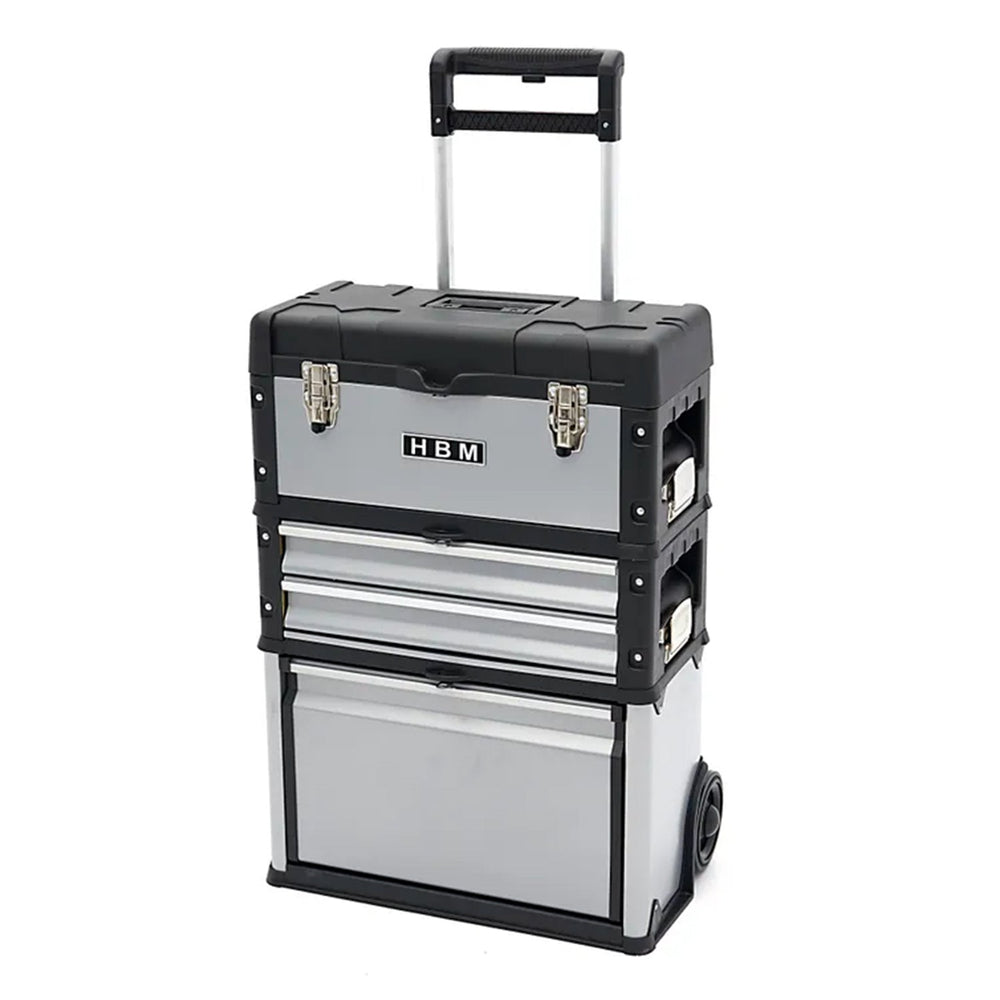Set-kit 3 cassette degli attrezzi su ruote, pratico e spazioso, resistente ai danni, materiale robusto, struttura modulare, cassettiere portautensili in acciaio con e maniglia telescopica, Hbm