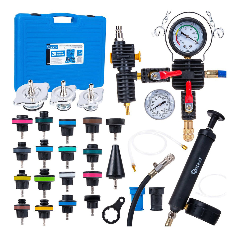 Set-kit tester di sistema di raffreddamento auto, pressione del radiatore e perdite refrigerante, con pompa booster manuale, 28 pezzi Geko