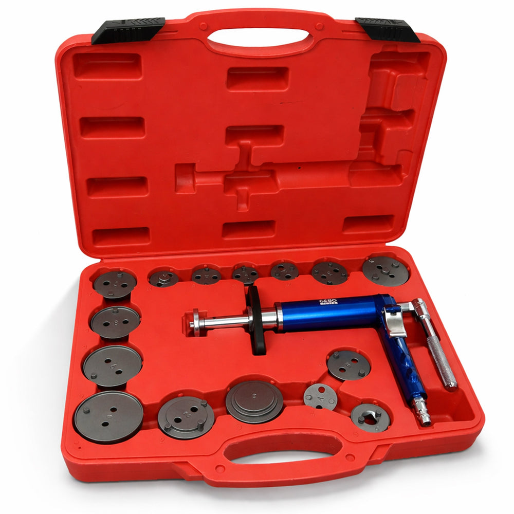 Set-kit pressa pneumatica per pistoncini delle pinze freno, divaricatore per pastiglie dei freni per auto, strumenti per la retrazione del pistone 16 pezzi Gebo Tools