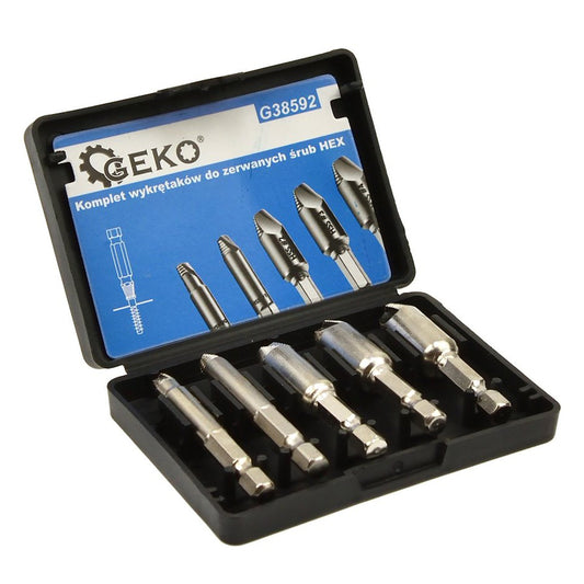 Set-kit estrattore di viti danneggiate e bulloni danneggiati, 1/4" impostato, doppia punta guida per la rimozione con codolo esagonale, HSS 4341, Geko