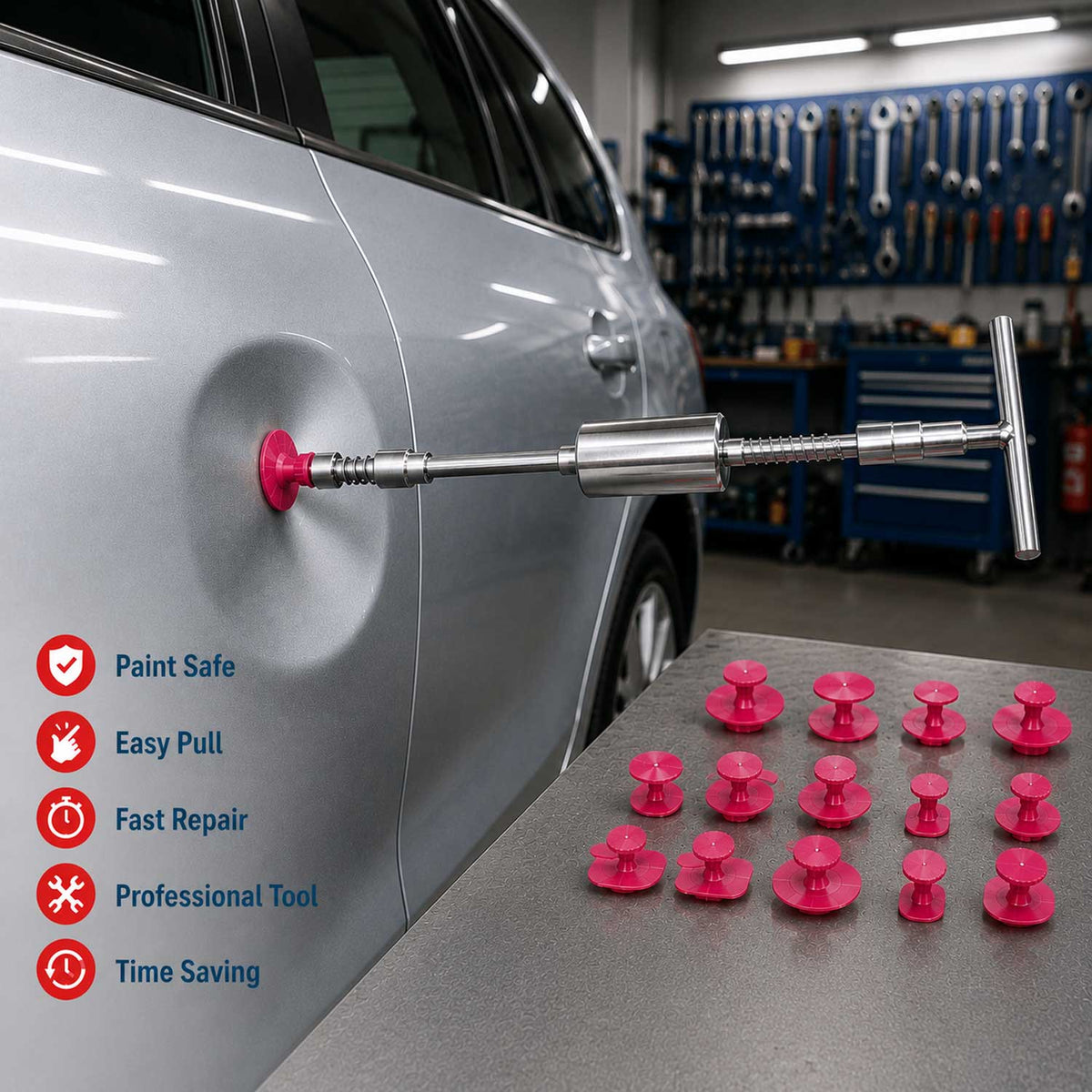 Kit-set tira bolle, tirabolli auto per riparazione ammaccature grandine carrozzeria, levabolle, ventosa carrozzeria per rimozione grandine, Gebo Tools