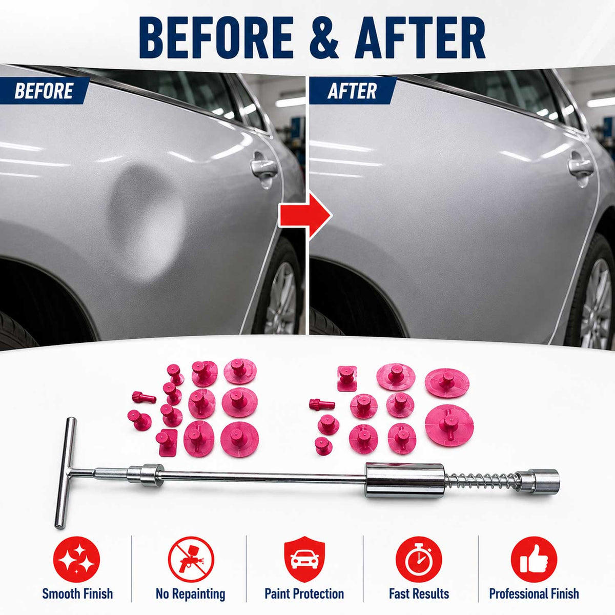 Kit-set tira bolle, tirabolli auto per riparazione ammaccature grandine carrozzeria, levabolle, ventosa carrozzeria per rimozione grandine, Gebo Tools