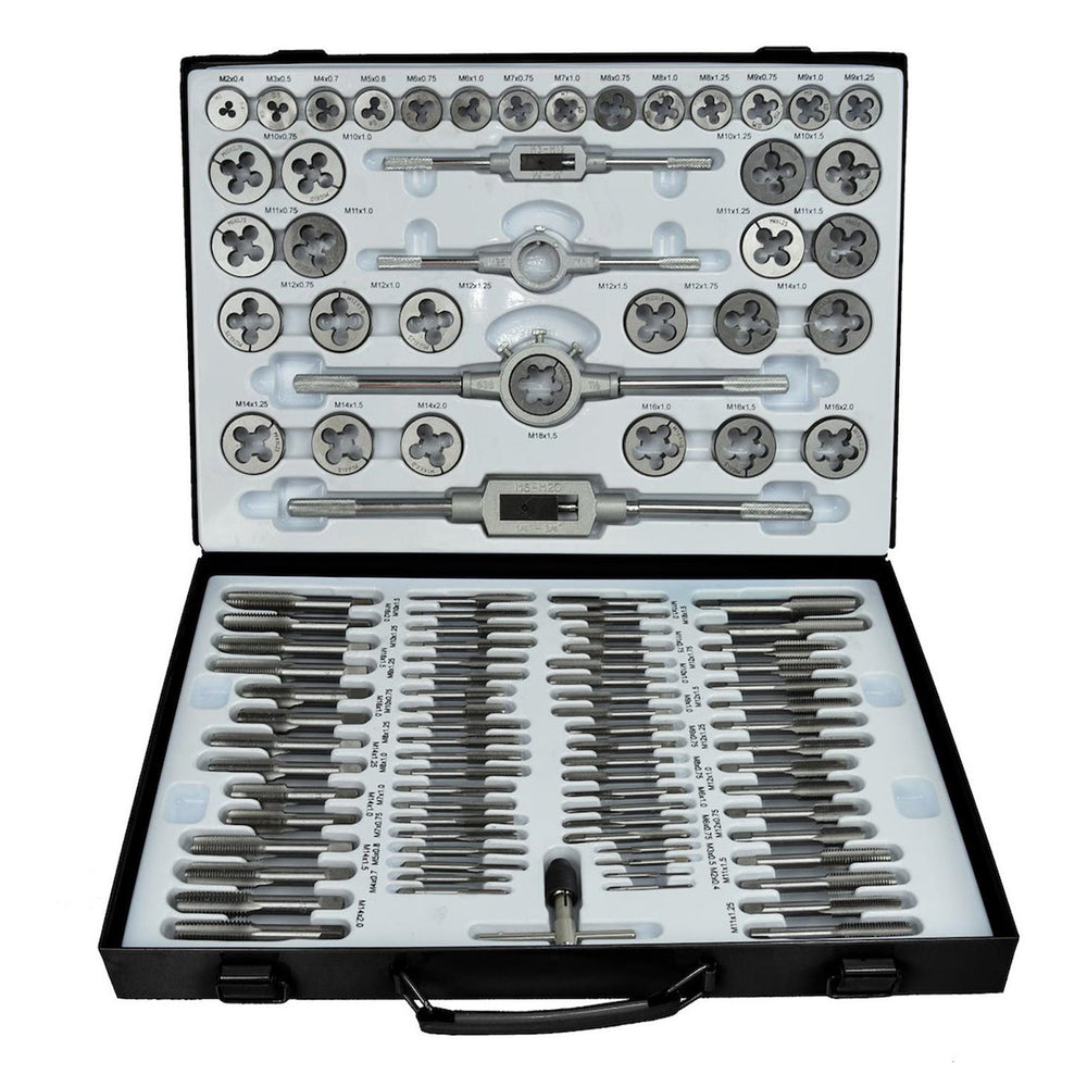Set maschi e filiere metriche 110 pezzi. Completo da M3 a M12 con giramaschi e accessori calibro di filettatura, per filettature interne ed esterne, Geko