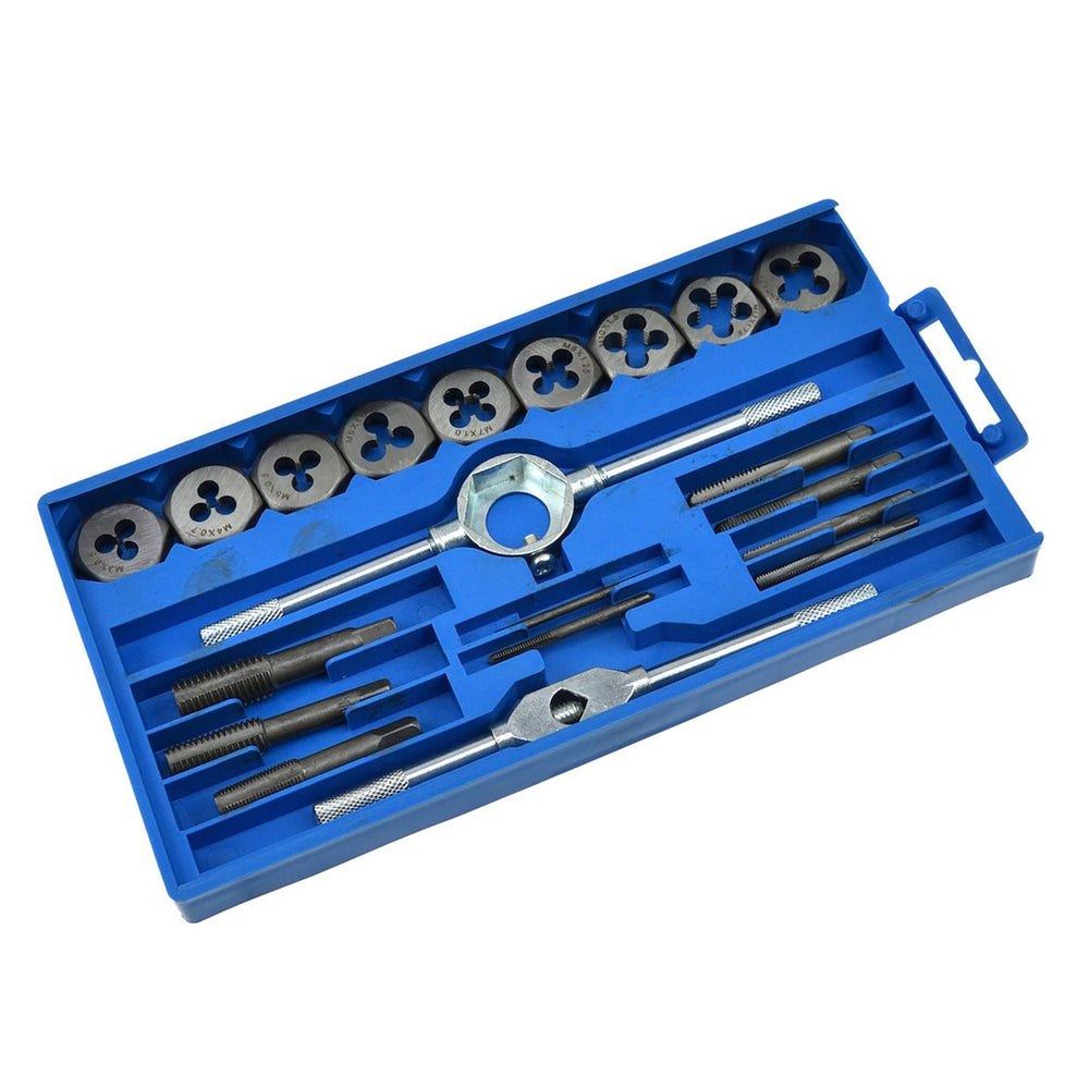 Set maschi e filiere metriche 20 pezzi. Completo da M3 a M12 con giramaschi e accessori calibro di filettatura