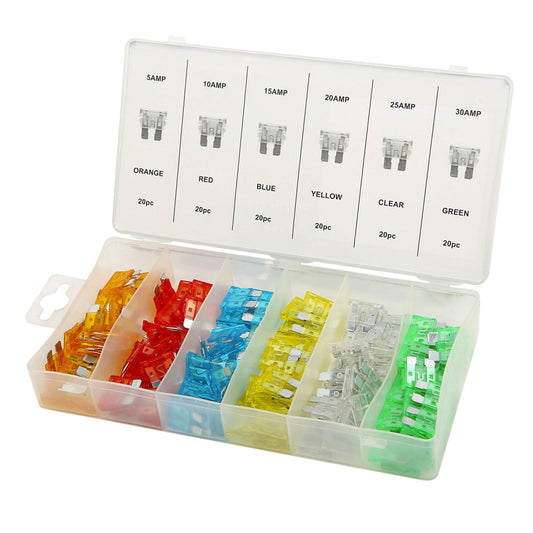Set-kit mini fusibili auto, assortiti per camper/camion/moto, 5-30, 120 pezzi