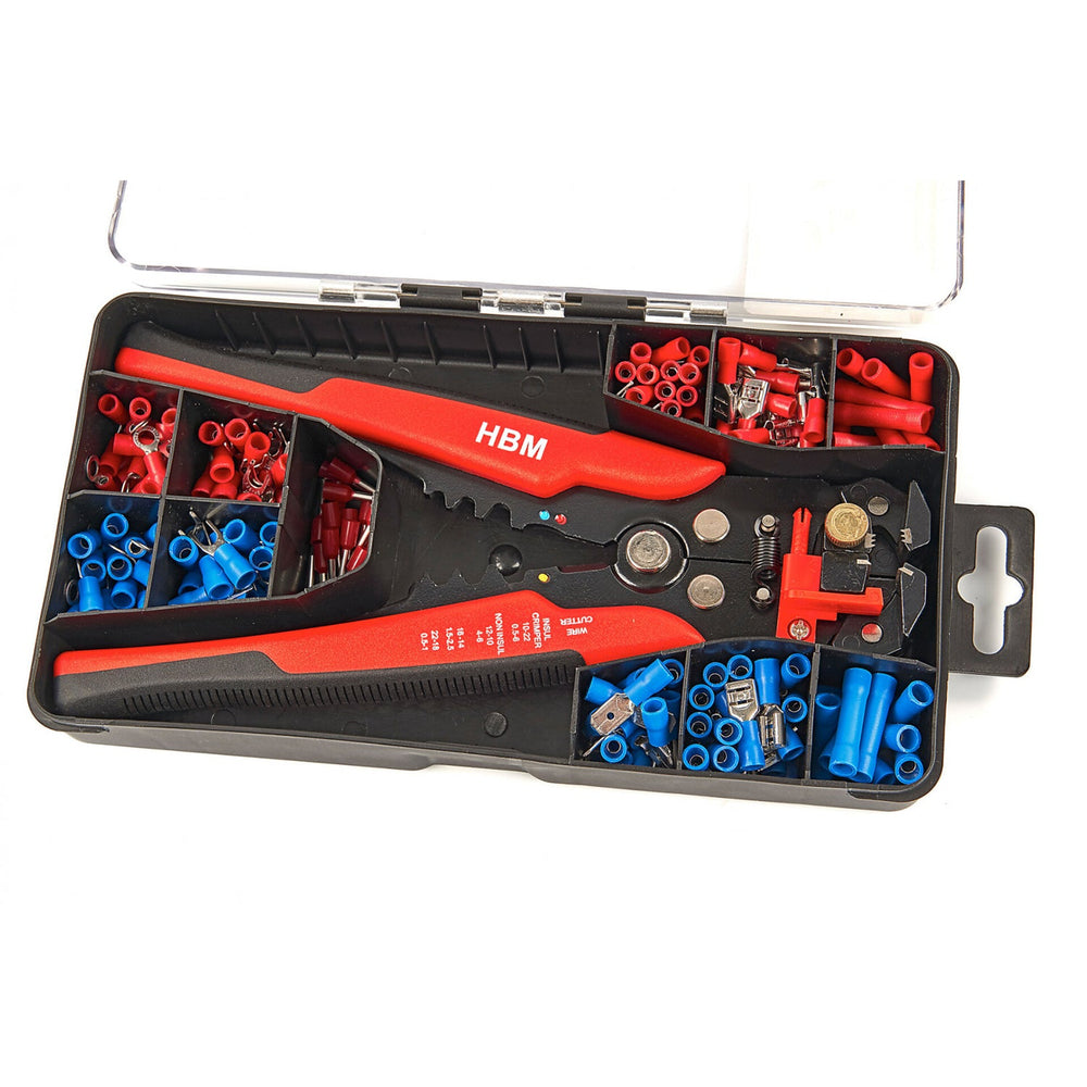 Set-kit pinza crimpatrice manuale 4 in 1, pressatrice per terminali elettrici, per connettore auto, spelafili per cavo rete, strumento crimpatura connettori e coperture di protezione 0.5 - 6.0 mm, 199 pezzi
