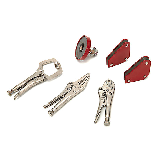 Set-kit pinze autobloccanti in metallo, saldatura morsetti da falegname a sgancio rapido -pinza autobloccante per fai da te e hobby, con squadra magnetica, rosso, 6 pezzi premium HBM Machines Olanda