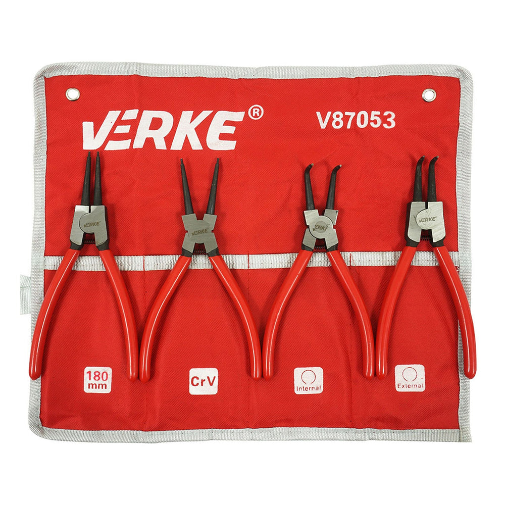 Set-kit pinze per anelli di sicurezza Seeger a becco curvo e dritto interni/esterni, con punte dritte e curve per bloccaggio 180 mm, 4 pezzi Verke