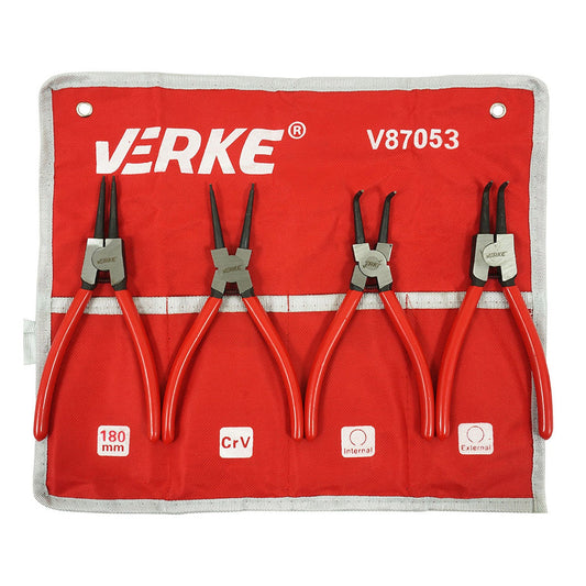 Set-kit pinze per anelli di sicurezza Seeger a becco curvo e dritto interni/esterni, con punte dritte e curve per bloccaggio 180 mm, 4 pezzi Verke