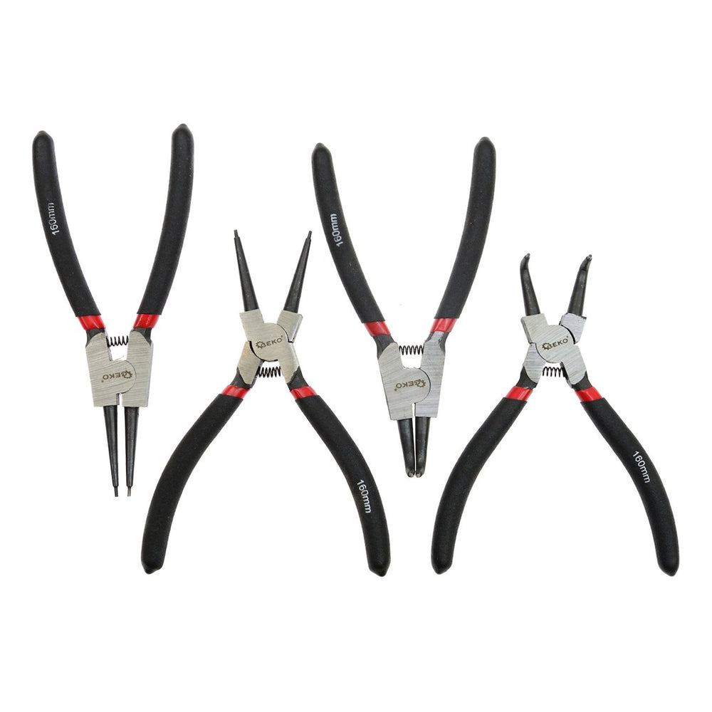 Set-kit pinze per anelli di sicurezza Seeger a becco curvo e dritto interni/esterni, con punte dritte e curve per bloccaggio 6" 160 mm, 4 pezzi Geko