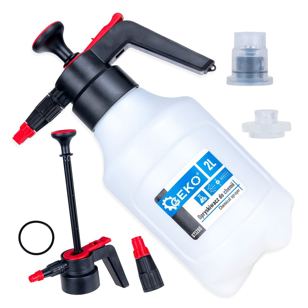 Set-kit pompa a pressione manuale per sgrassanti e pulizia freni, spruzzatore con ugello regolabile e valvola di sicurezza, nebulizzatore per giardino e casa in plastica resistente, 2 litri Geko