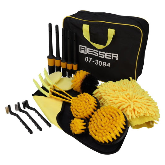 Set-kit professionale per detailing auto interno esterno, con spazzole, pennelli, spugne, panni 19 pezzi