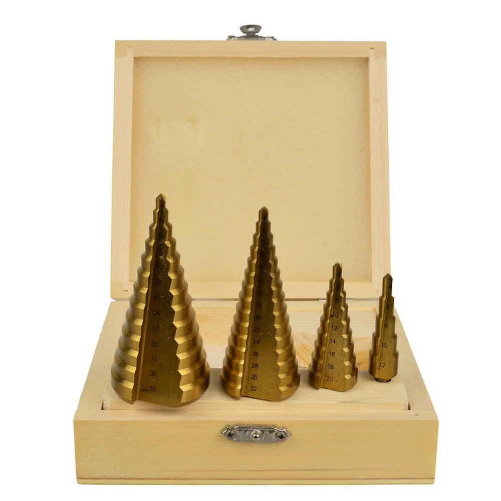 Set punte coniche HSS, fresa conica per trapano a gradini, con gambo e punzone centrale, 4 - 39 mm,4 pezzi Geko